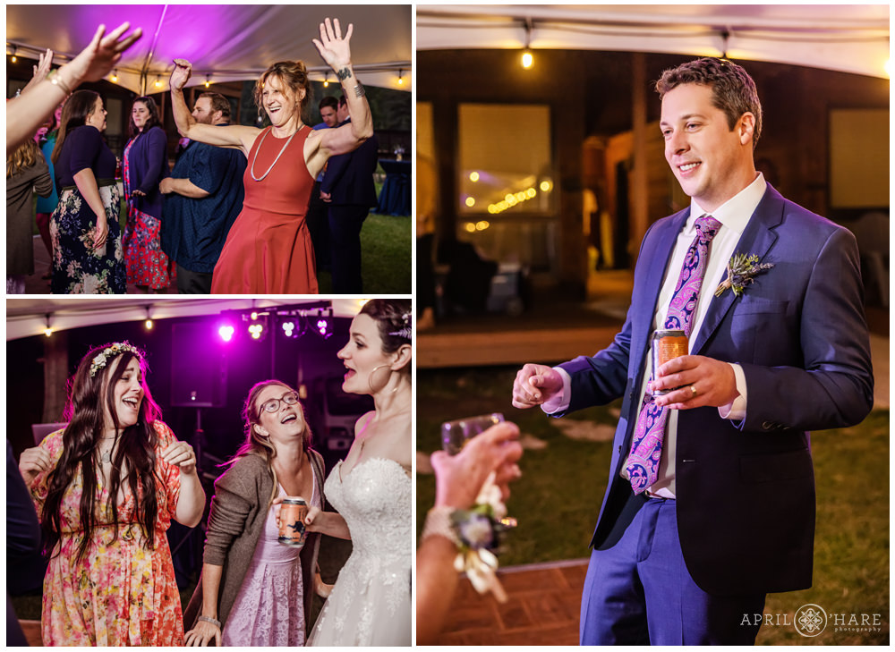 Photo collage of groom dancing with friends and family at outdoor wedding at Estes Park Condos