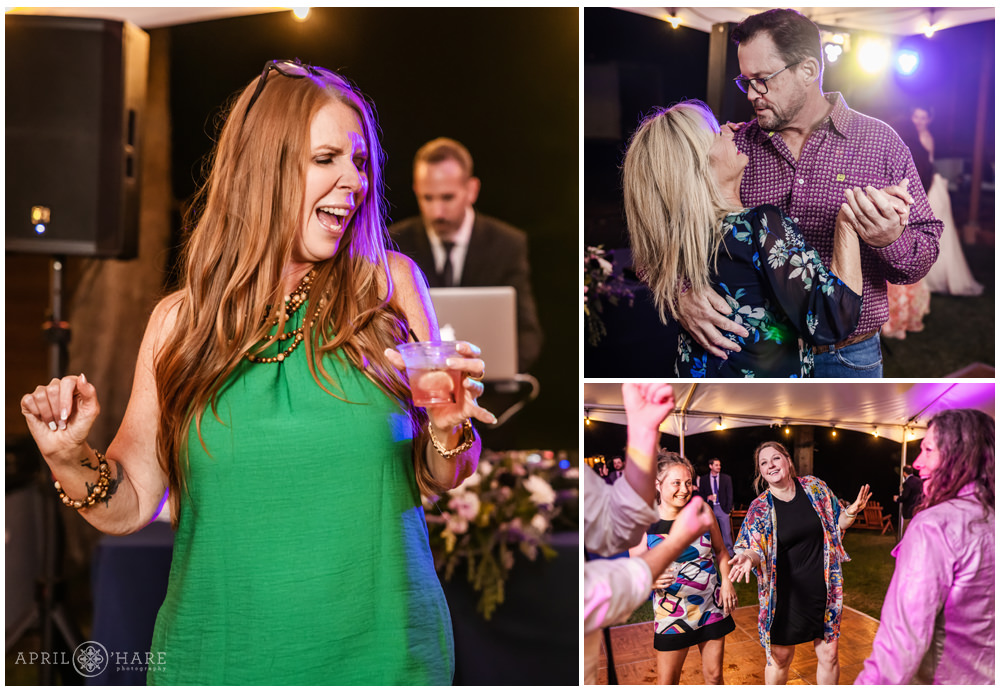 Photo collage of wedding guests having fun on the dance floor at an outdoor wedding reception under a tent at Estes Park Condos