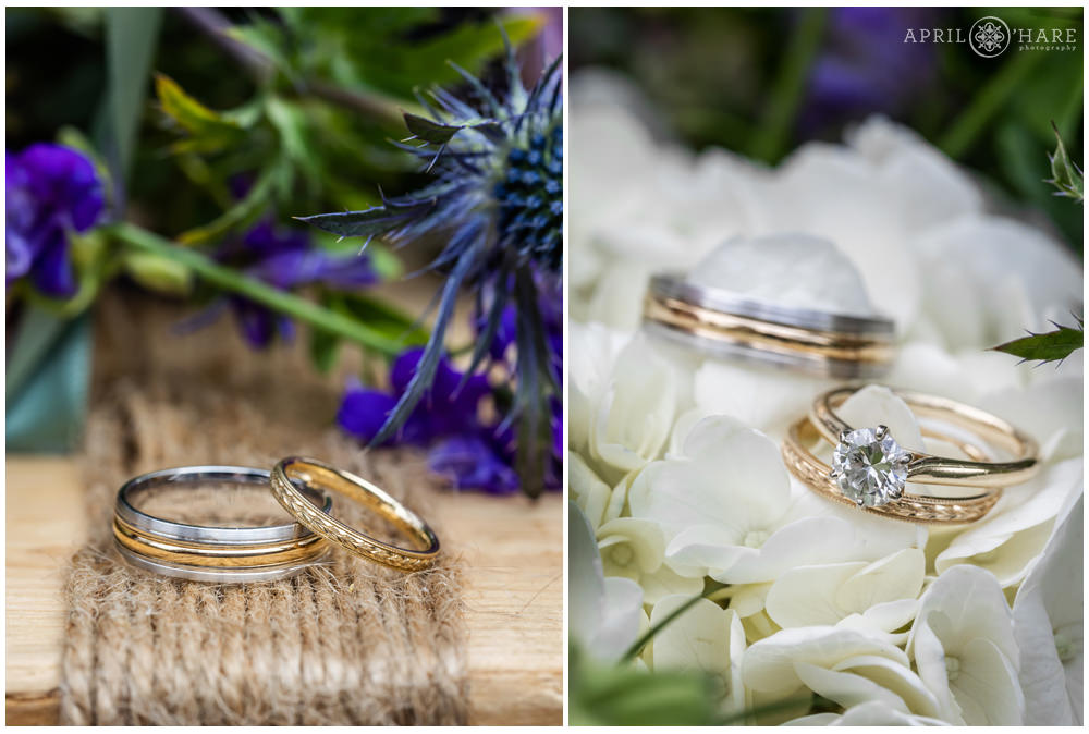 Photo collage of detail photos of the bride and groom's wedding bands and engagement diamond ring with white and purple florals from Best Day Floral in Colorado