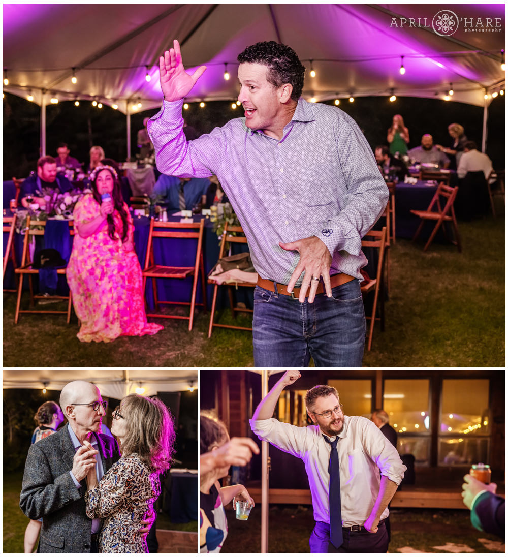 Photo collage of wedding guests dancing together underneath a white tent at an outdoor wedding reception at Estes Park Condos