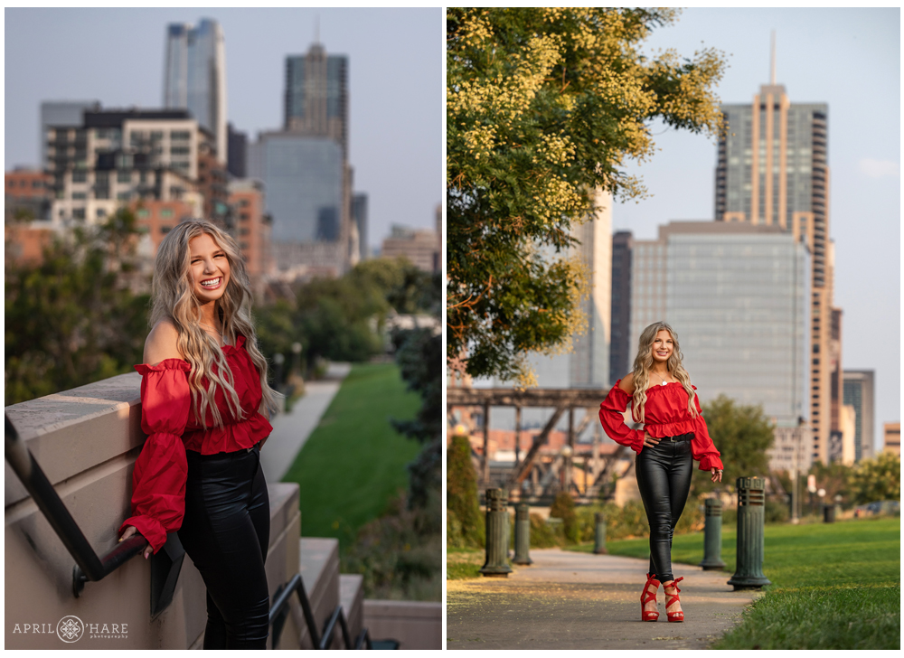 High school senior photos with downtown Denver city buildings in the backdrop along the Cherry Creek trail in Denver