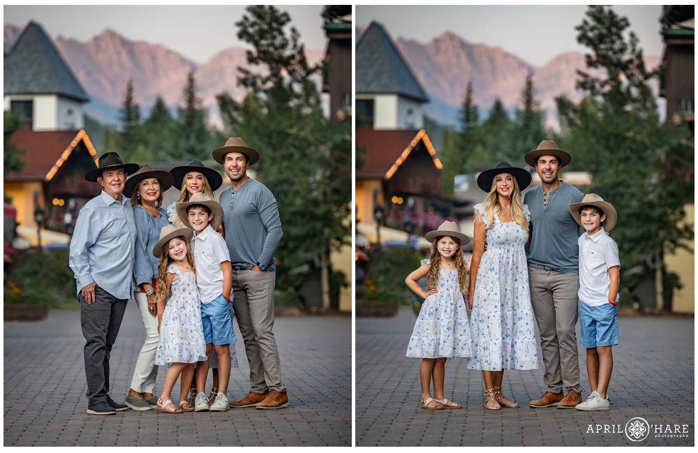 Beautiful family portraits with Gore Range Mountains in the backdrop near Checkpoint Charlie in Vail Village Colorado