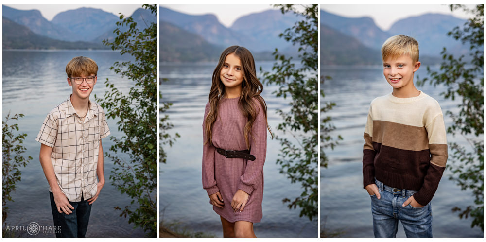 Individual portraits of 3 children posing in front of Grand Lake mountain view at sunset at Point Park