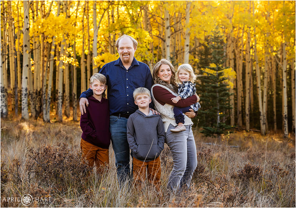Pretty aspen tree backdrop during autumn for a family of 5 in Colorado