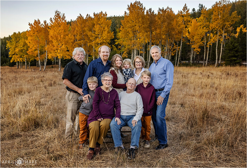 Extended family portrait with grandparents and grandkids in a pretty mountain meadow in Colorado