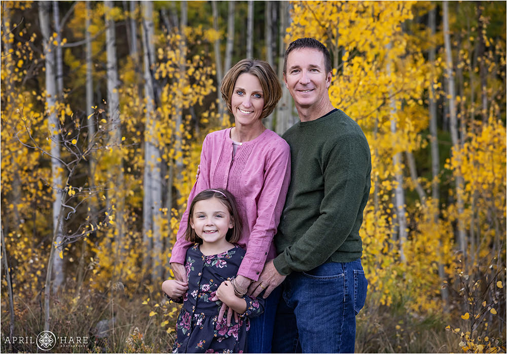 Family wearing shades of lilac, plum, and forest green pose in a pretty aspen tree setting during fall in Colorado