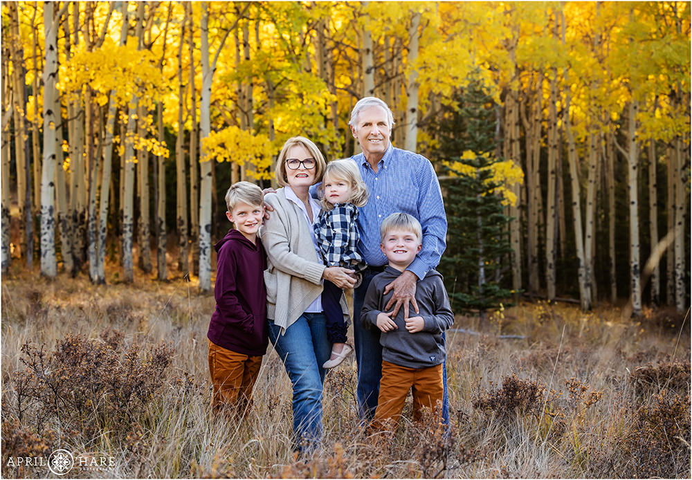 Grandparents are photographed with their 3 grandkids in the fall color in Evergreen Colorado
