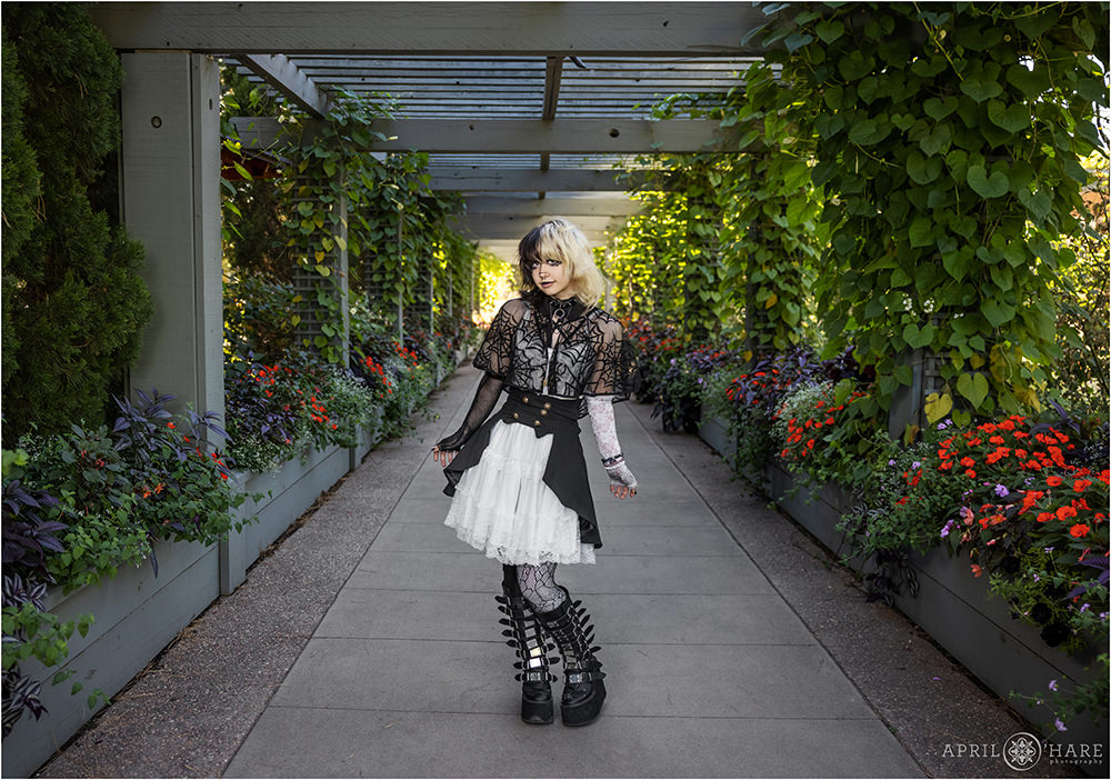 Cute senior girl with two toned hair and black and white clothing poses in a floral garden filled outdoor hallway at Denver Botanic Gardens