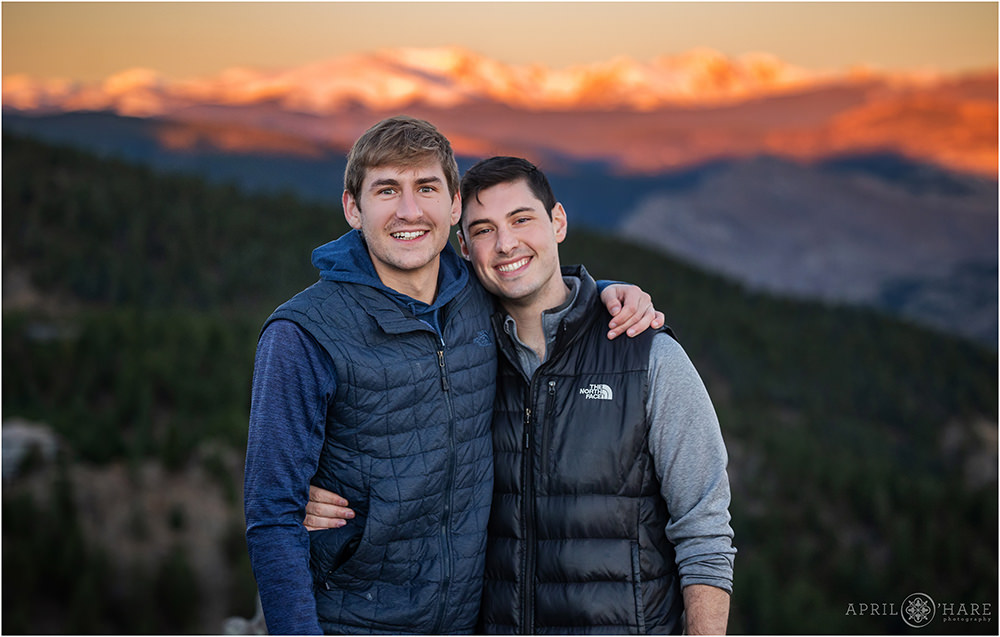 Gorgeous sunrise proposal photo for a gay couple at Lost Gulch in Boulder