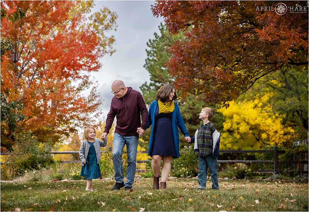 Family of four with two young kids walk through the grass in the fall color of their backyard in Denver