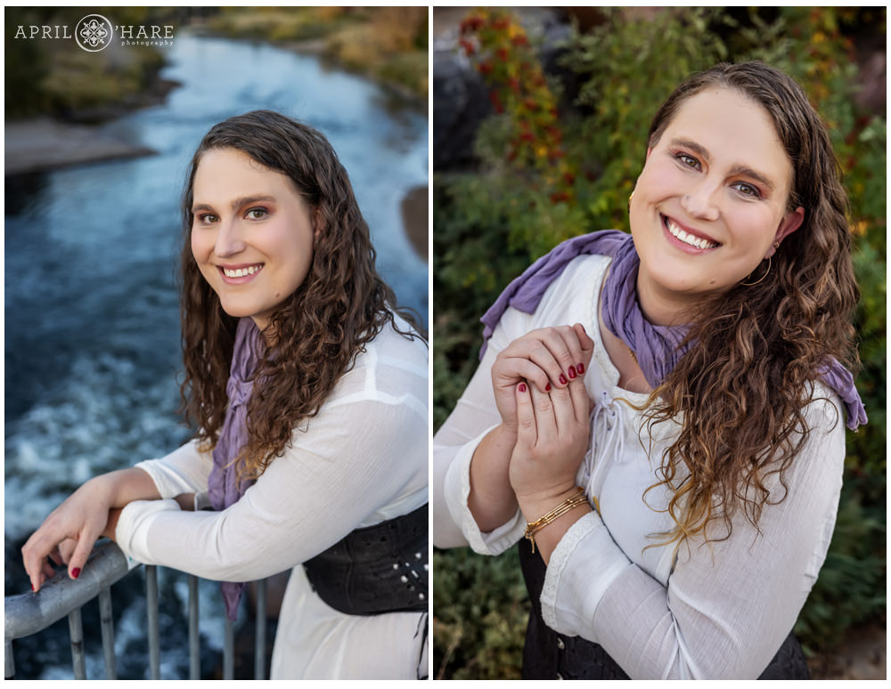 Photo collage of headshot portraits for a woman posing in the scenery around South Platte River Trail in Denver Colorado