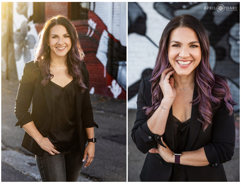 Fun colorful alleyway headshot portraits with artwork in the backdrop by Casey Kawaguchi