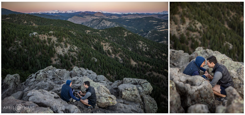 Same sex wedding proposal with a beautiful mountain backdrop at Lost Gulch in Boulder