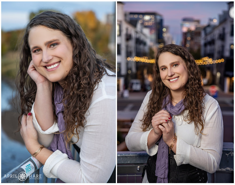 Cute headshot portraits on the Highland Bridge for a curly haired woman in Denver Colorado