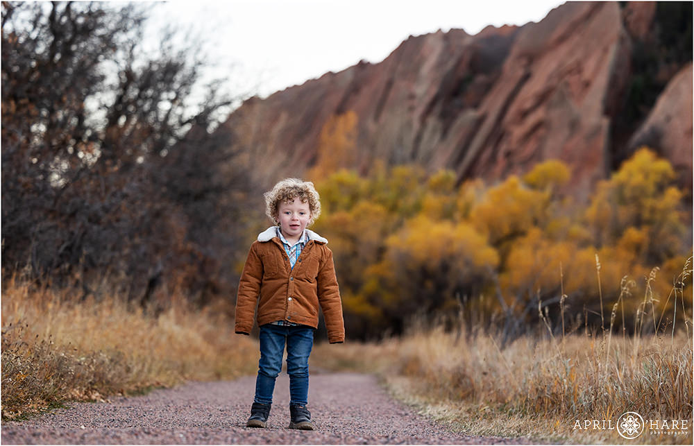 Adorable little boy with curly hair stands on a path at Roxborough State Park during autumn in CO