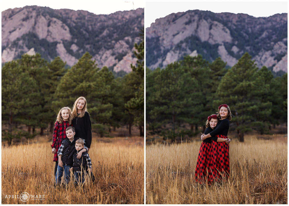 Siblings pose for portraits together at Shanhan Ridge Trailhead in Boulder Colorado
