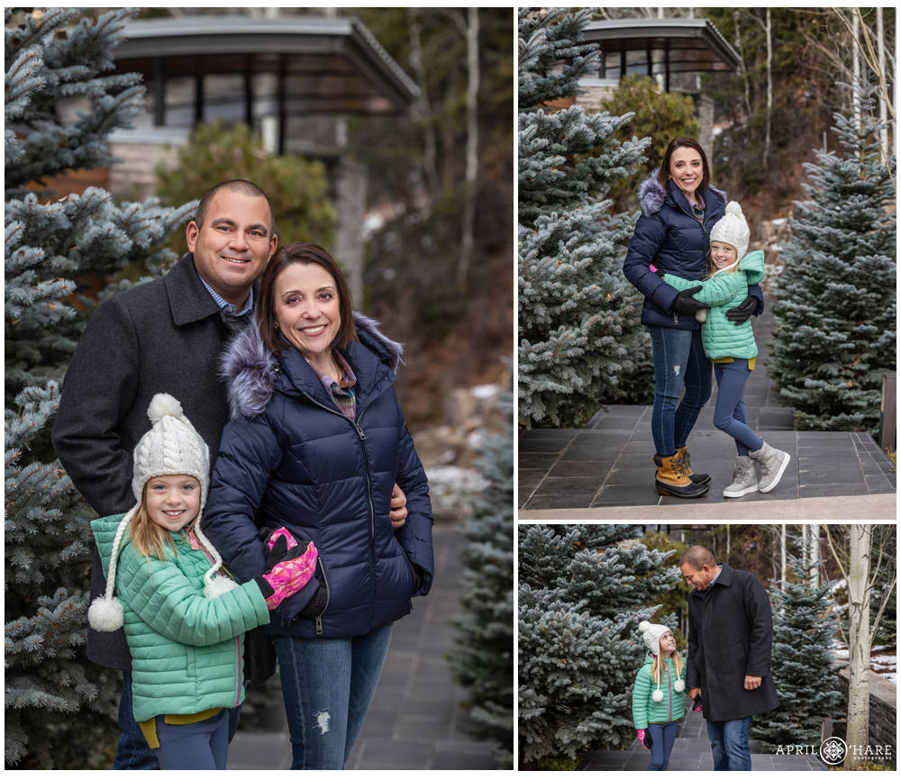 Photo collage of a cute family with a young daughter celebrating their anniversary in Aspen Colorado during winter