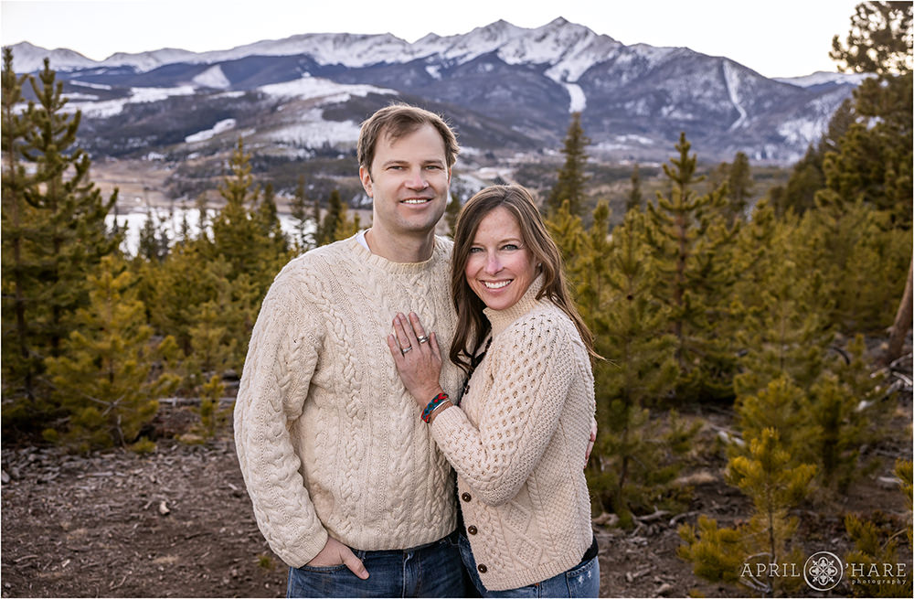 Pretty mountain backdrop for a couple at their family photography session at Sapphire Point in Summit County Colorado