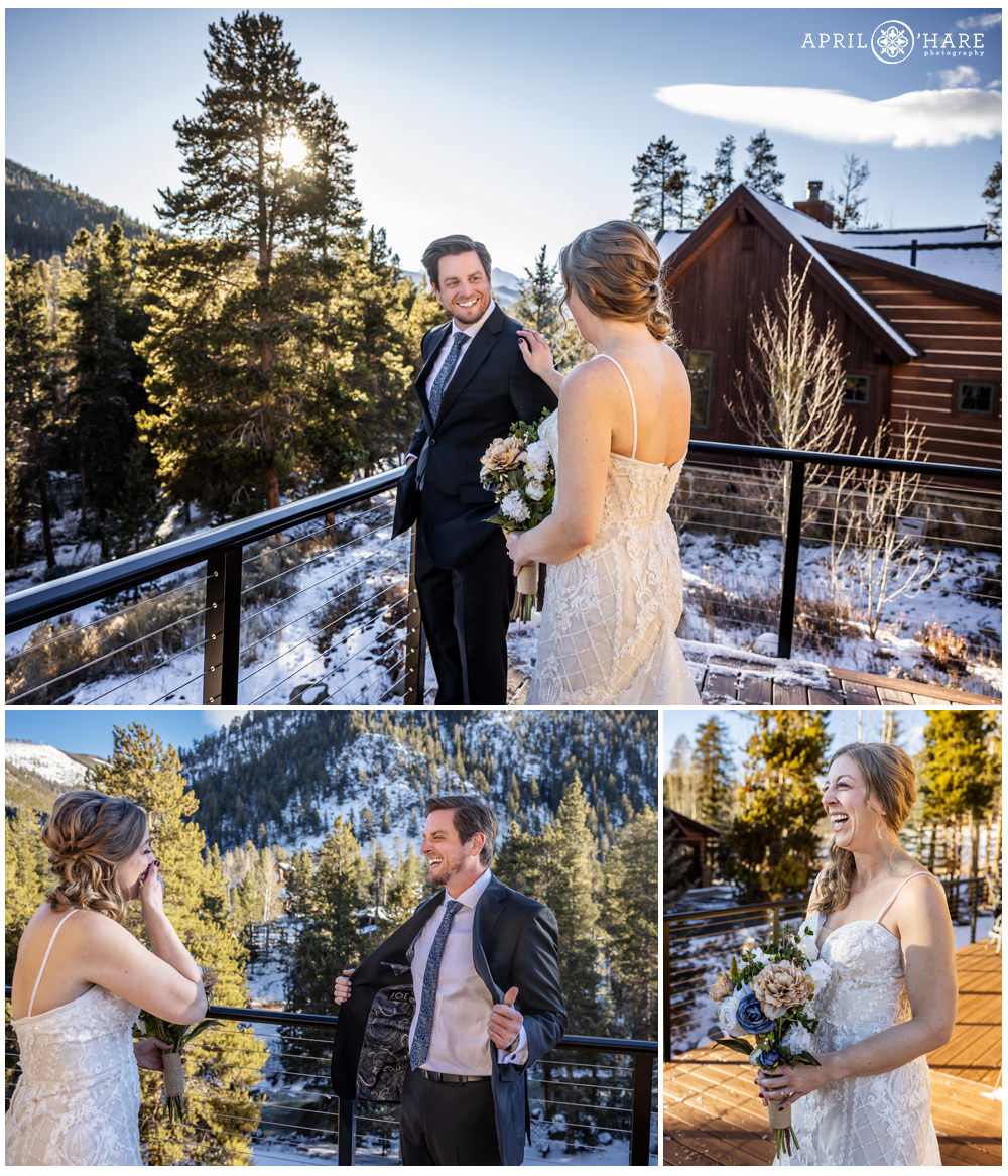 Bride and groom have a first look on the outdoor deck during winter at their Keystone wedding in Colorado