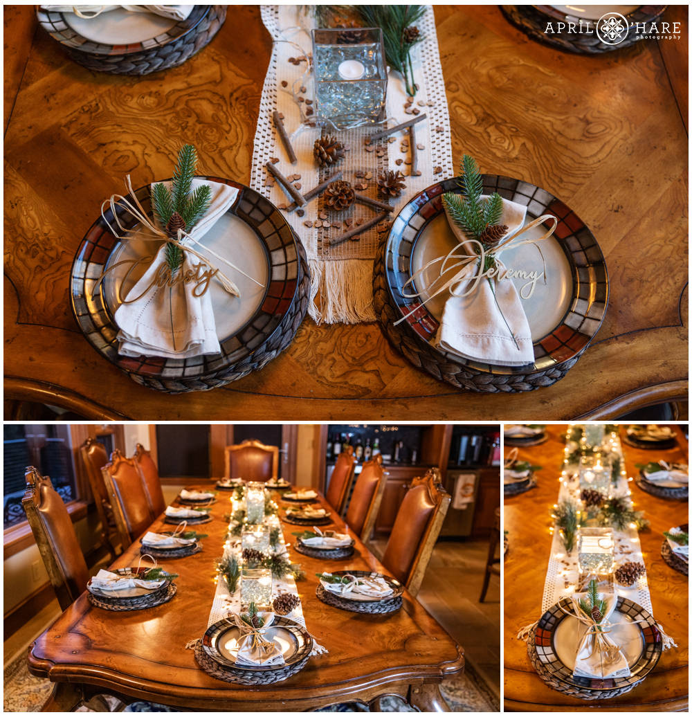 Small wedding dinner set up on a large table at a private home in Keystone Colorado