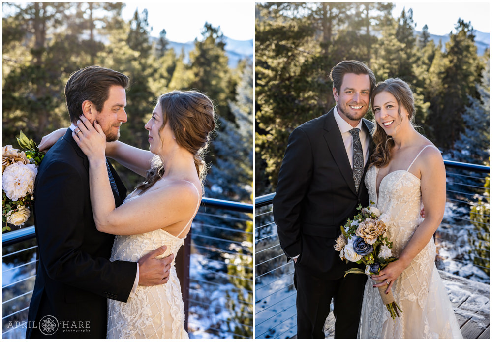 Bride and groom pose on the deck outside at their winter wedding in Keystone Colorado