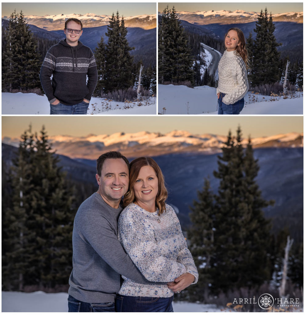 Beautiful Winter Park Family Photos at Berthoud Pass with Mountain Backdrop