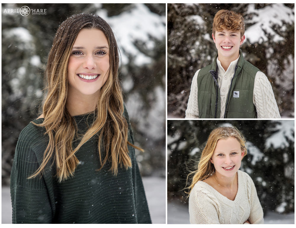 Individual photos of the kids in a snowy winter wonderland in Beaver Creek Colorado