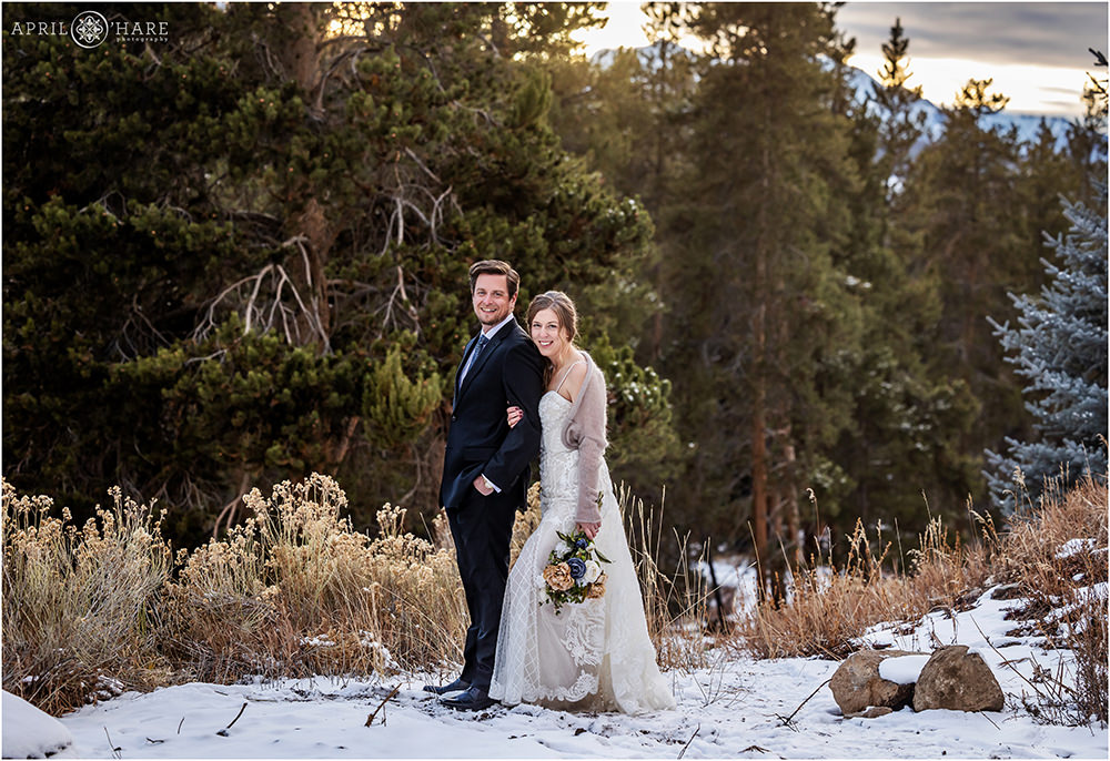 Outdoor winter wedding portrait for a couple getting married at a private home in Keystone Colorado