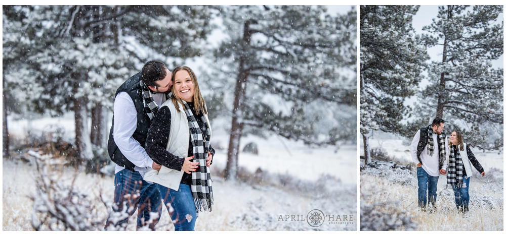 Pretty cold couples photo during a snowstorm at Rocky Mountain National Park in Colorado