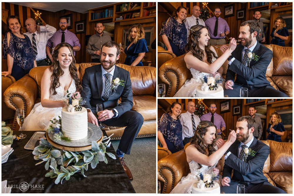 Photo collage of a cute couple cutting their cake and eating it with their family and friends gathered behind them at Romantic Riversong Inn in Estes Park Colorado