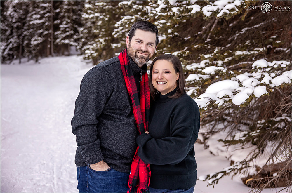 Couple portrait in the woods at the Mayflower Gulch Trail near Copper Mountain in Colorado