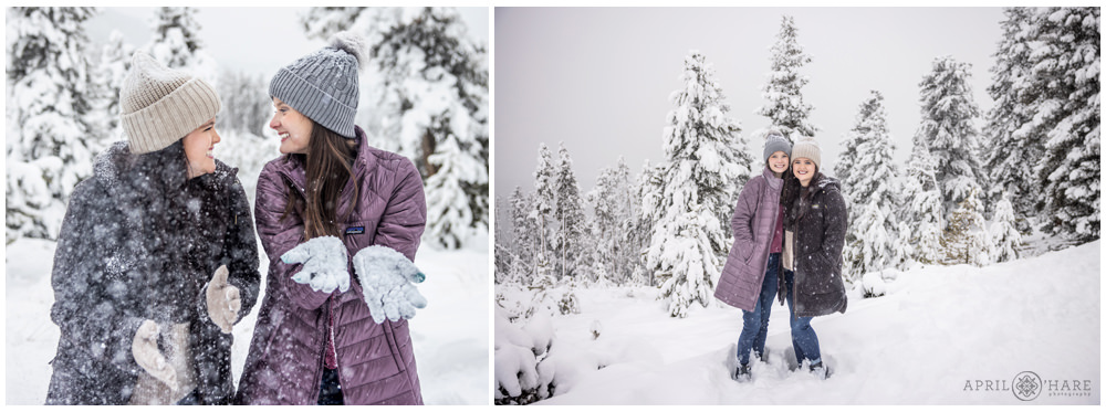 Sisters have fun in the snow together at their winter family session at Sapphire Point in Colorado