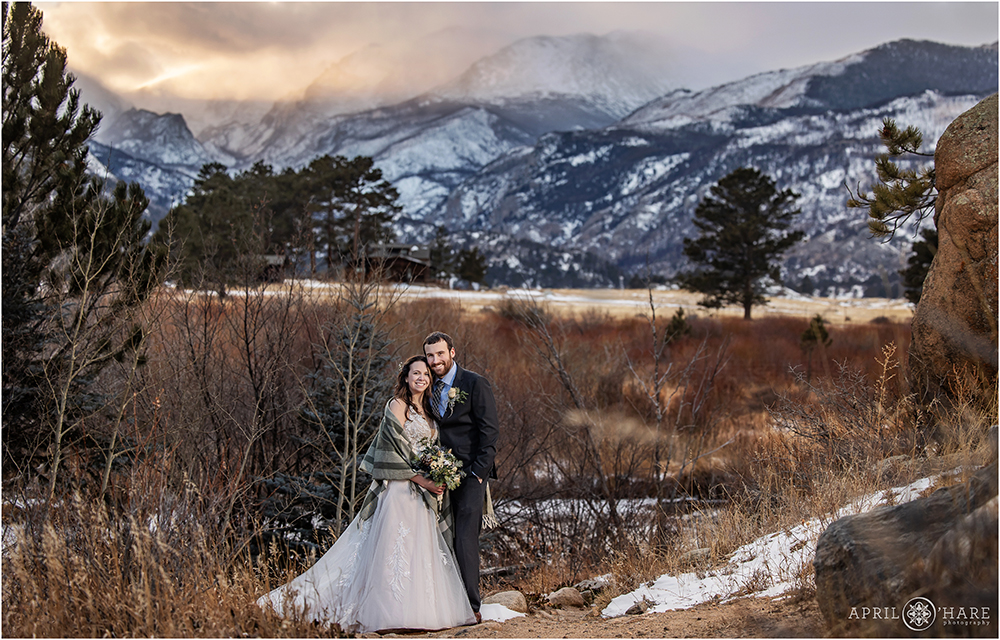 Winter wedding portrait at Rocky Mountain National Park during December in Estes Park CO