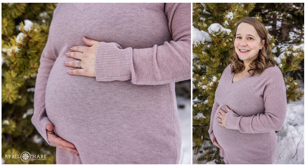 Baby bump photos for an expecting mother in a winter forest setting in Colorado