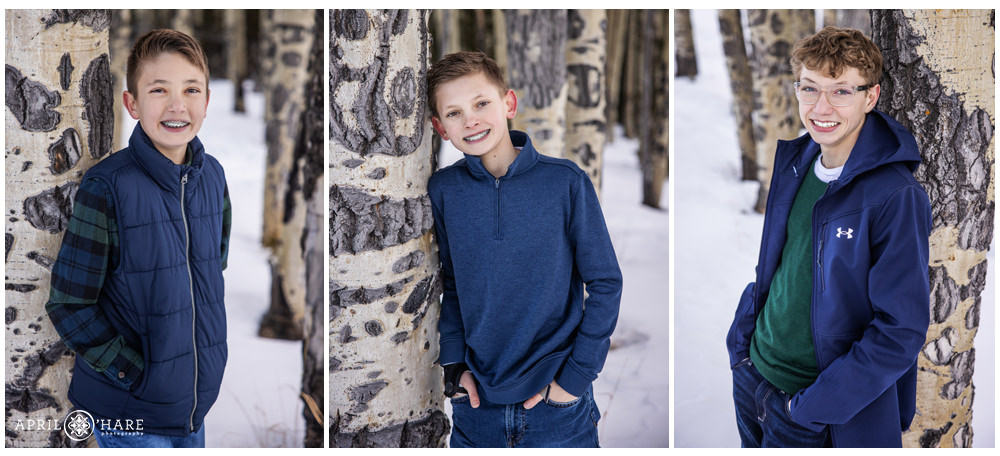 Individual portraits of 3 brothers at their family photography session in Evergreen Colorado on a snowy winter day