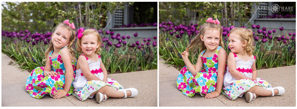 Cute sisters in front of the Tulips During Spring at Denver Botanic Gardens
