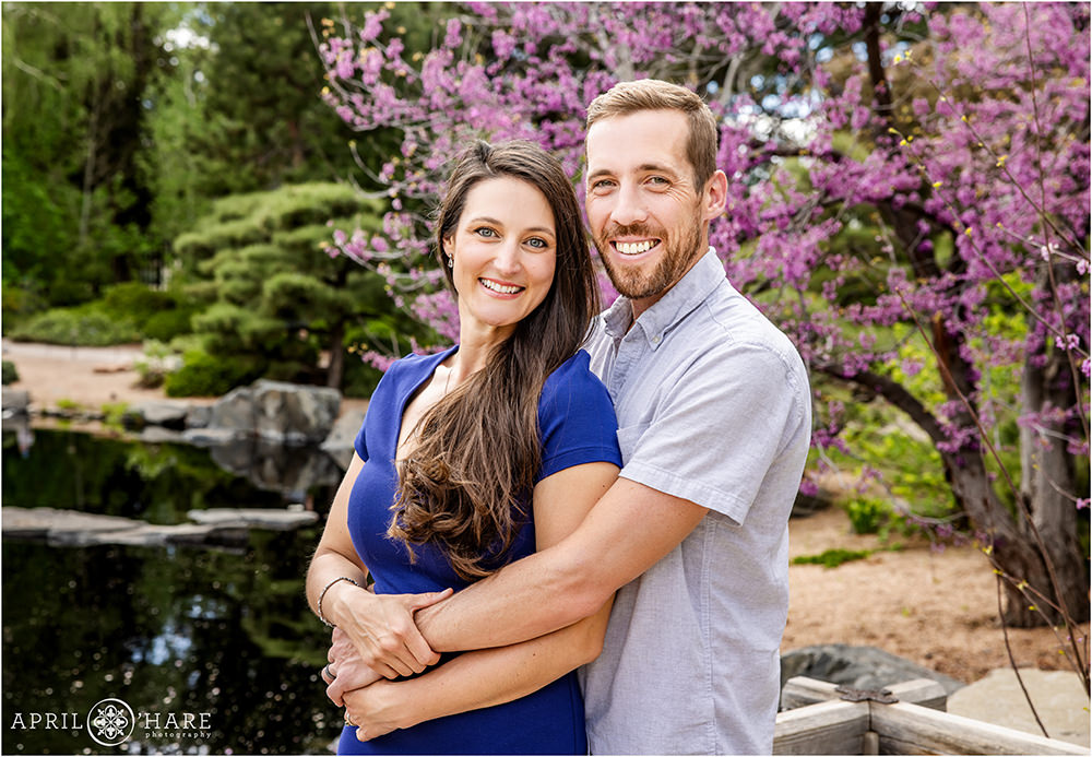Couples Portrait in front of a purple spring blossom tree at Denver Botanic Gardens in the Japanese Garden area
