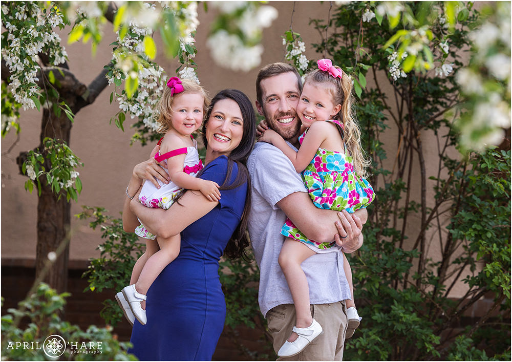 Sweet Family Portrait for a family of four with two young girls at Denver Botanic Gardens