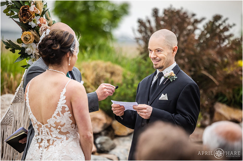 A man wearing a black suit renews his vows for his wife of 20 years in Littleton Colorado