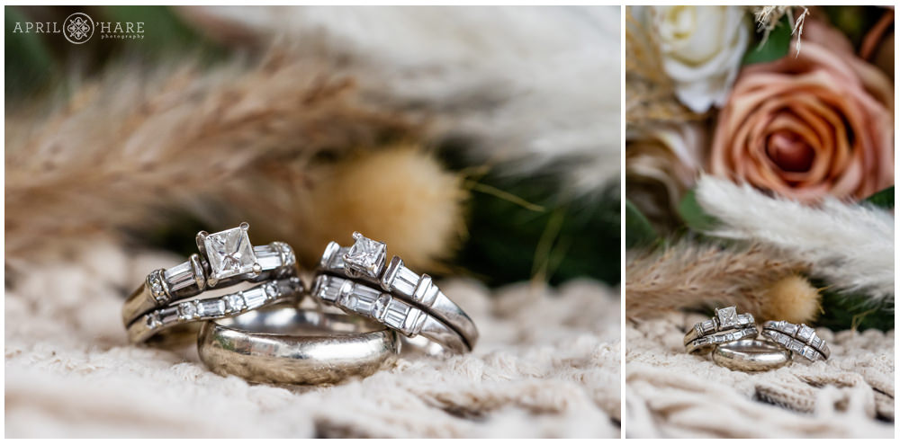 Detail photo collage of a close up of a married couple's wedding bands and rings at their vow renewal in Colorado