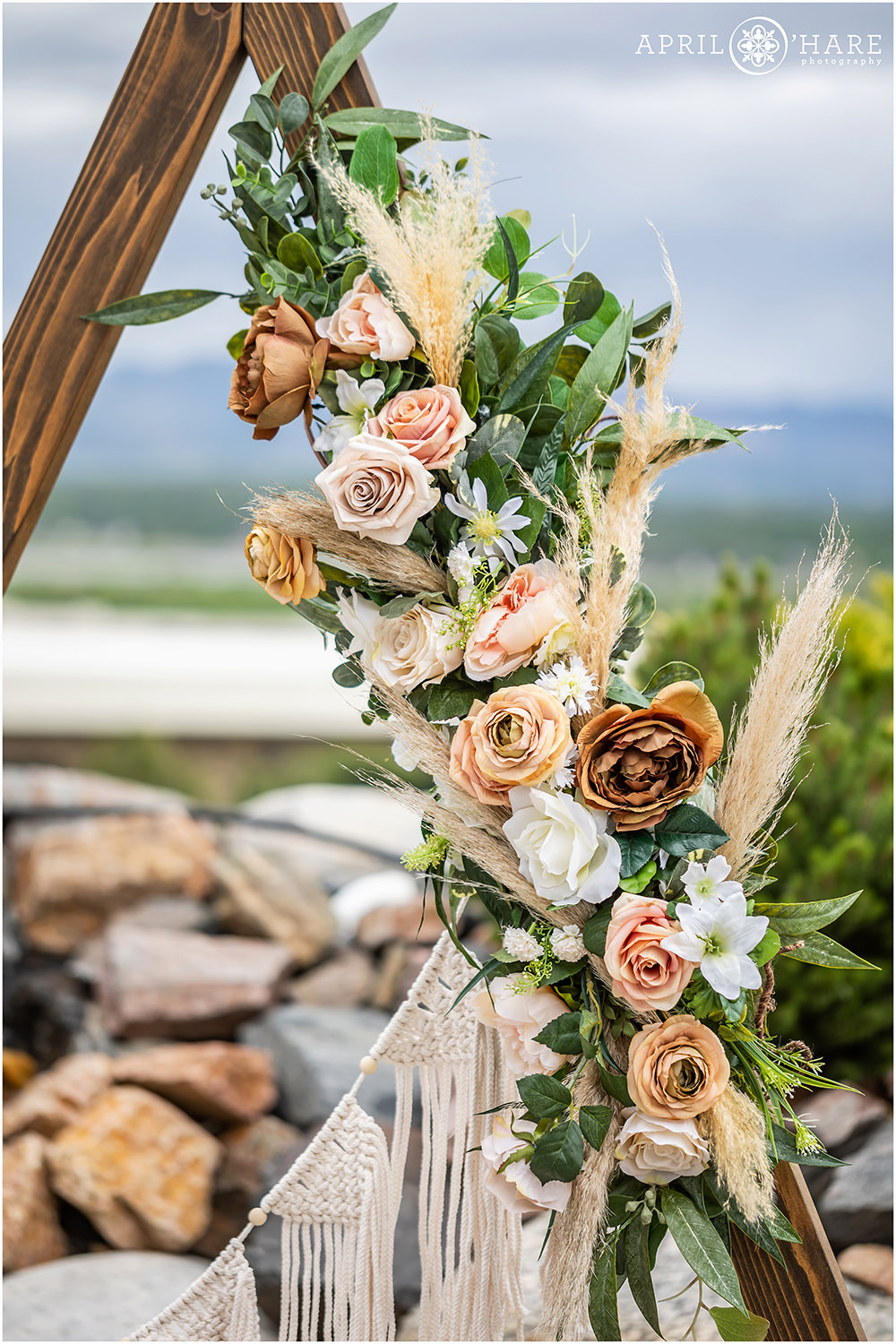 Detail photo of the bohemian florals using faux silk flowers created by Flintwood Florist in Littleton, Colorado