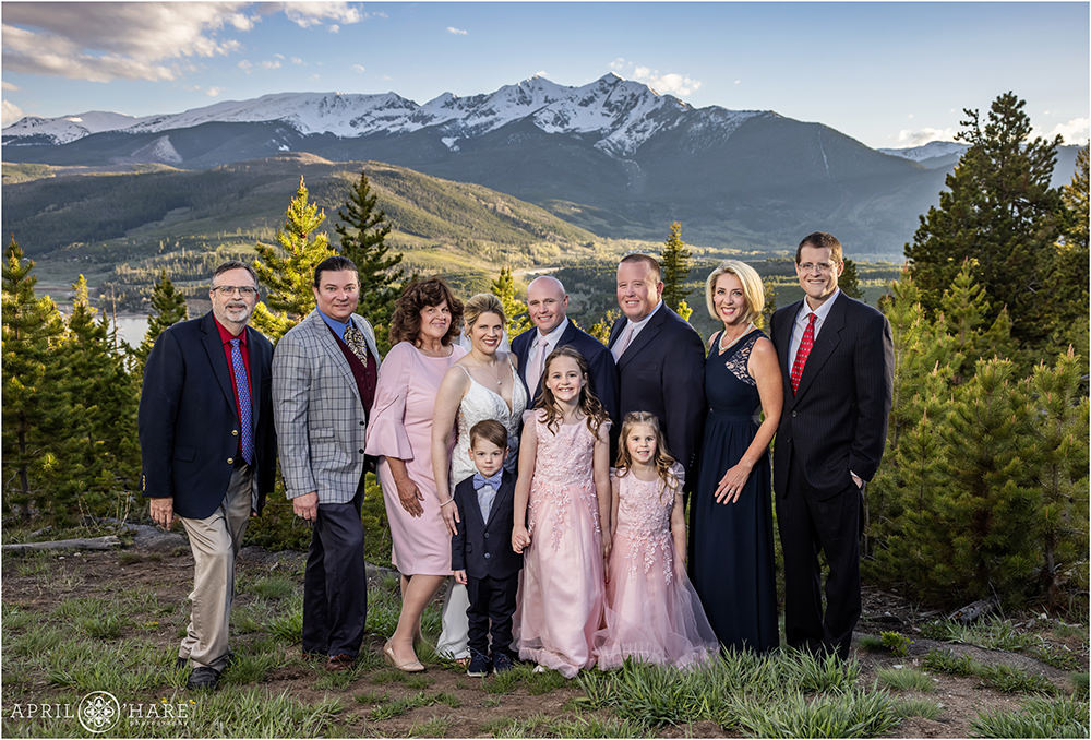 Entire family portrait with pretty mountain backdrop at Sapphire Point in Summit County Colorado