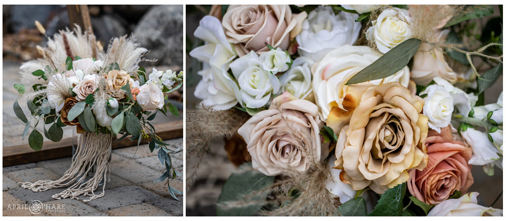 Detail photo of the pretty faux boho flowers created by Flintwood Florist for a vow renewal in Littleton