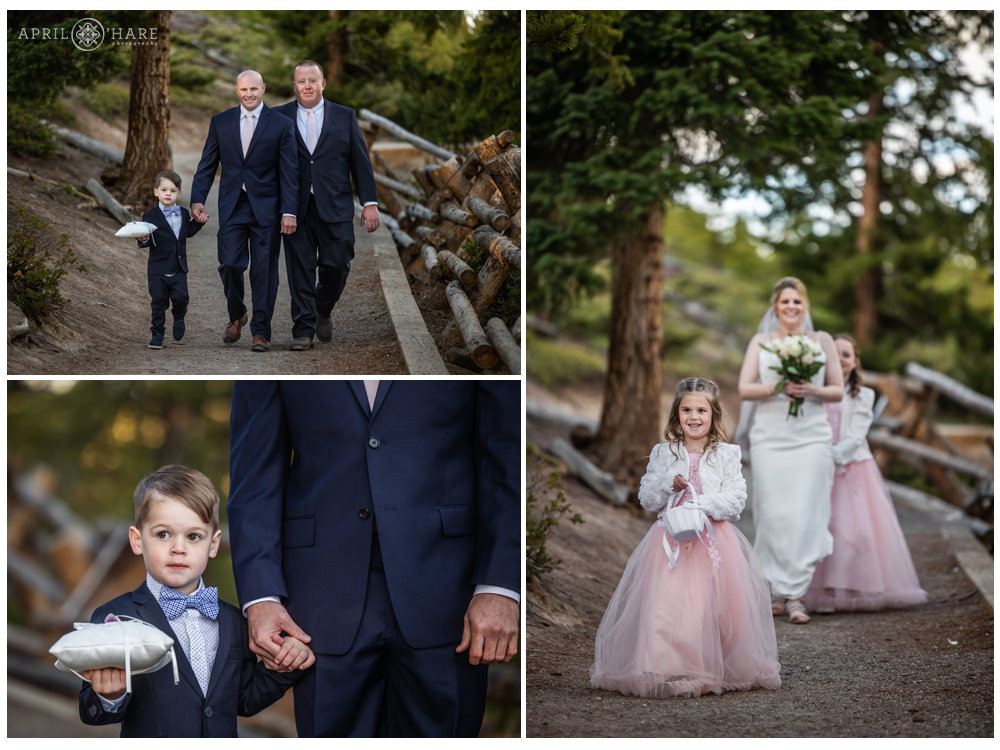 Wedding ceremony begins with bride and groom and ring bearer and flower girls all walking down the path at Sapphire Point