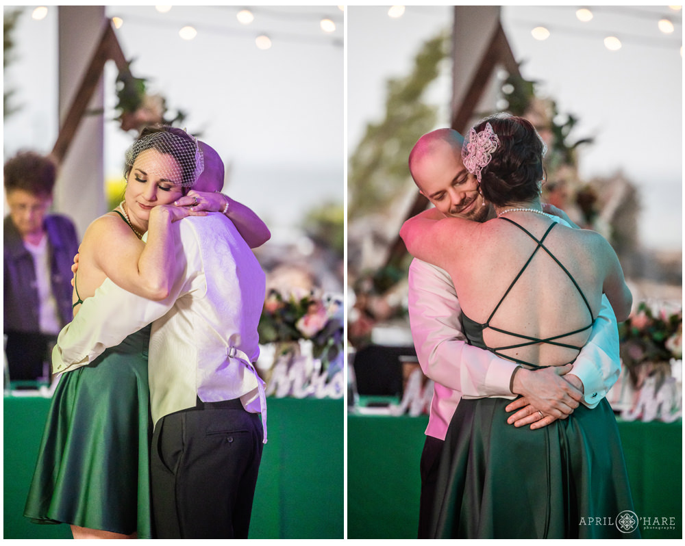 Romantic photos of a married couple celebrating their 20th wedding anniversary on the dance floor of their vow renewal party in Colorado