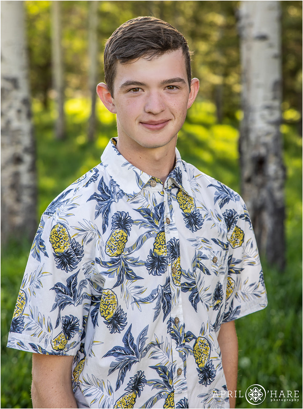 Senior portrait of a young man wearing a pineapple shirt in an aspen tree grove in Colorado