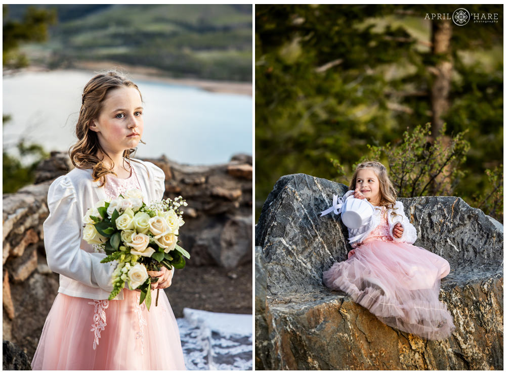 Flower girls hanging out at Sapphire Point at an early Summer wedding in the mountains of Colorado