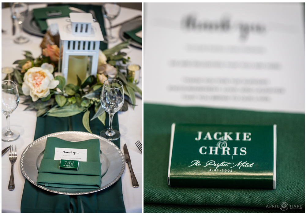 Detail photo collage of the green boho table decor with custom printed matchbox for a vow renewal in Colorado