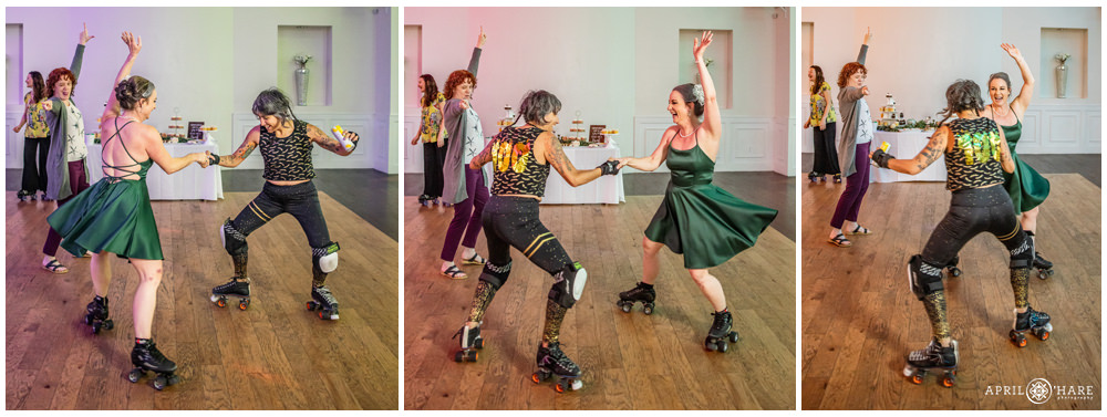 Girls swirl on the dance floor in their roller skates at a 20th wedding anniversary party vow renewal in Colorado