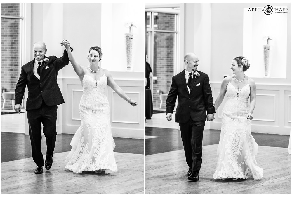 B&W photos of a couple celebrating 20 years of marriage as they walk into their vow renewal reception in Colorado